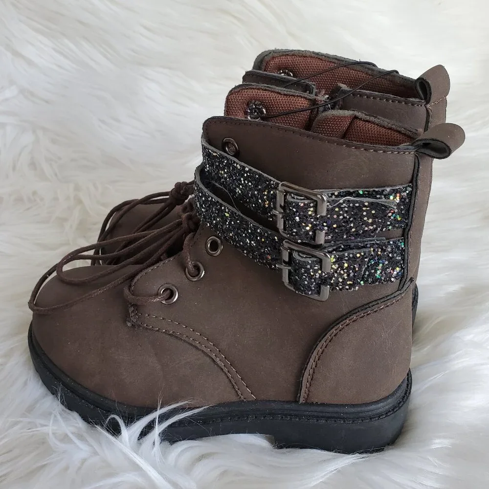 Blue Girls' Brown Glitter Strap Zip Lace Boots SZ 8